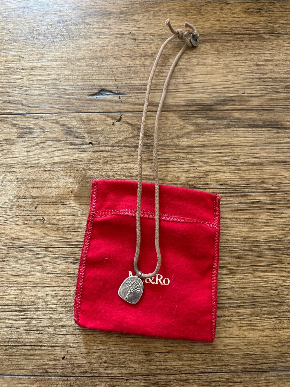 Me&Ro Silver Tree Pendant Necklace on Tan Cord